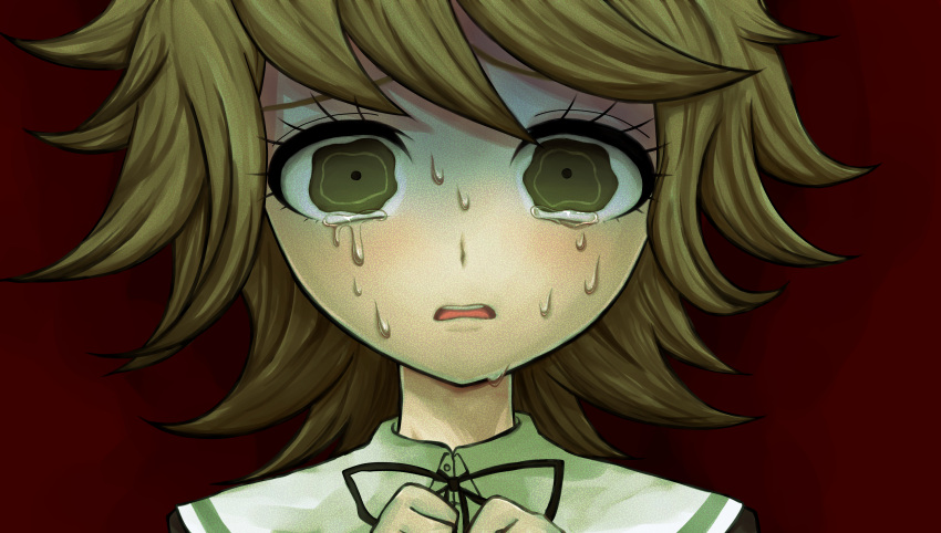 1girl bangs brown_hair commentary_request crying crying_with_eyes_open dangan_ronpa:_trigger_happy_havoc dangan_ronpa_(series) face fujisaki_chihiro highres komatsuzaki_rui_(style) looking_at_viewer neck_ribbon nekoma_hikaru official_style open_mouth portrait ribbon short_hair solo tears upper_teeth