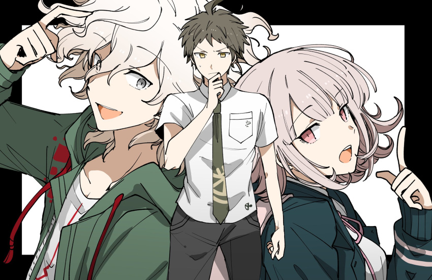 1girl 2boys :o ahoge bangs black_border black_jacket border brown_eyes brown_hair collarbone contrapposto cowboy_shot dangan_ronpa_(series) dangan_ronpa_2:_goodbye_despair flipped_hair green_jacket green_neckwear grey_eyes grey_hair highres hinata_hajime hood hoshi-toge index_finger_raised jacket komaeda_nagito long_sleeves looking_at_viewer messy_hair multiple_boys nanami_chiaki neck_ribbon necktie open_clothes open_jacket pink_eyes pink_hair pink_ribbon print_shirt ribbon shiny shiny_hair shirt short_hair short_sleeves sleeves_past_wrists sweatdrop thinking upper_teeth white_background white_shirt