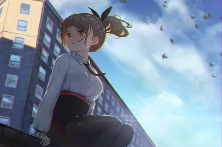 1girl :o arms_at_sides bangs bird black_legwear black_neckwear black_skirt blue_sky blush breasts brown_hair building chromatic_aberration collared_shirt cp_(tlstjdghek) day english_commentary feet_out_of_frame from_below high-waist_skirt highres looking_away looking_to_the_side medium_breasts necktie original outdoors pantyhose parted_lips ponytail red_eyes shirt short_hair sitting skirt sky solo white_shirt