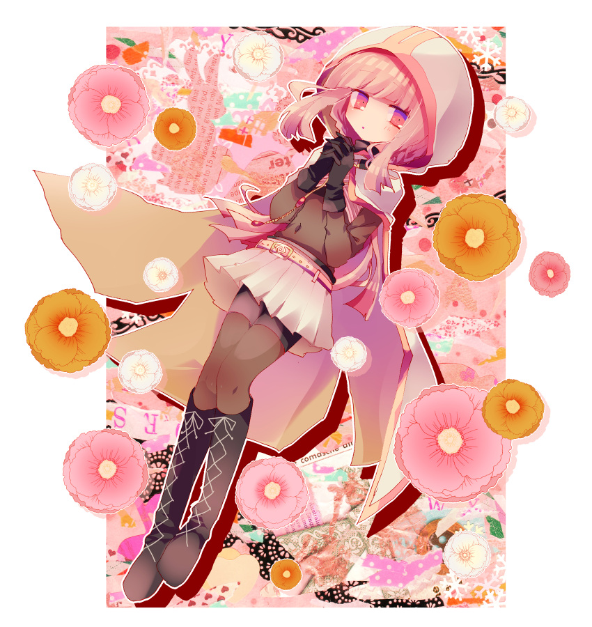 1girl black_footwear bodysuit boots cloak cross-laced_footwear flower full_body hands_together highres hood hood_up hooded_cloak lace-up_boots magia_record:_mahou_shoujo_madoka_magica_gaiden magical_girl mahou_shoujo_madoka_magica momomotsu open_mouth orange_flower outline pink_eyes pink_flower pink_hair pink_skirt pleated_skirt skirt solo tamaki_iroha white_flower white_outline