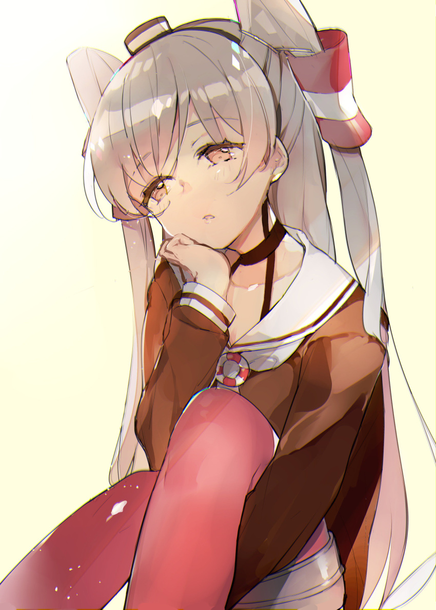 1girl absurdres amatsukaze_(kantai_collection) atsumi_jun bangs choker eyebrows eyebrows_visible_through_hair hair_tubes hand_on_own_cheek hand_on_own_face head_rest head_tilt highres kantai_collection leg_hug lifebuoy light_particles long_hair long_sleeves orange_eyes parted_lips red_legwear sailor_collar silver_hair sitting solo thigh-highs thigh_strap two_side_up windsock yellow_background