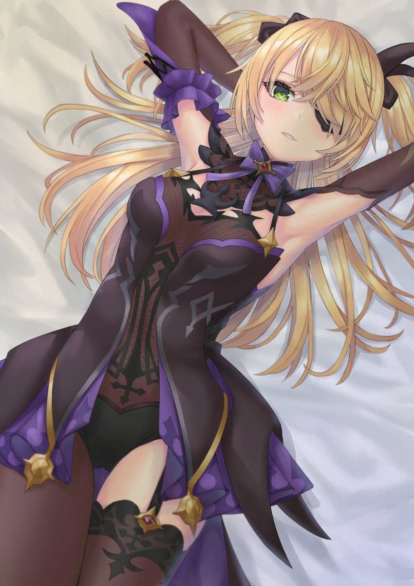 1girl absurdres armpits arms_behind_head arms_up bangs bare_shoulders black_gloves black_legwear blonde_hair blush bodystocking bow breasts elbow_gloves eyepatch fischl_(genshin_impact) garter_straps genshin_impact gloves green_eyes hair_over_one_eye highres long_hair looking_at_viewer lying medium_breasts on_back parted_lips puchisakigake purple_bow purple_neckwear single_leg_pantyhose single_thighhigh thigh-highs thighs two_side_up