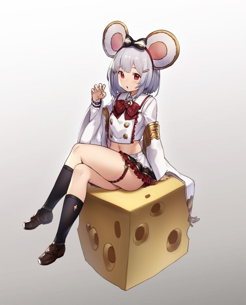 1girl animal_ears black_legwear blush bob_cut cheese crop_top crossed_legs food frilled_skirt frills granblue_fantasy hair_ornament hair_ribbon hairclip highres houtengeki kneehighs loafers long_sleeves looking_at_viewer mouse_ears navel open_mouth red_eyes ribbon shoes short_hair silver_hair simple_background sitting skirt solo thigh_strap vikala_(granblue_fantasy) white_background white_skirt wide_sleeves