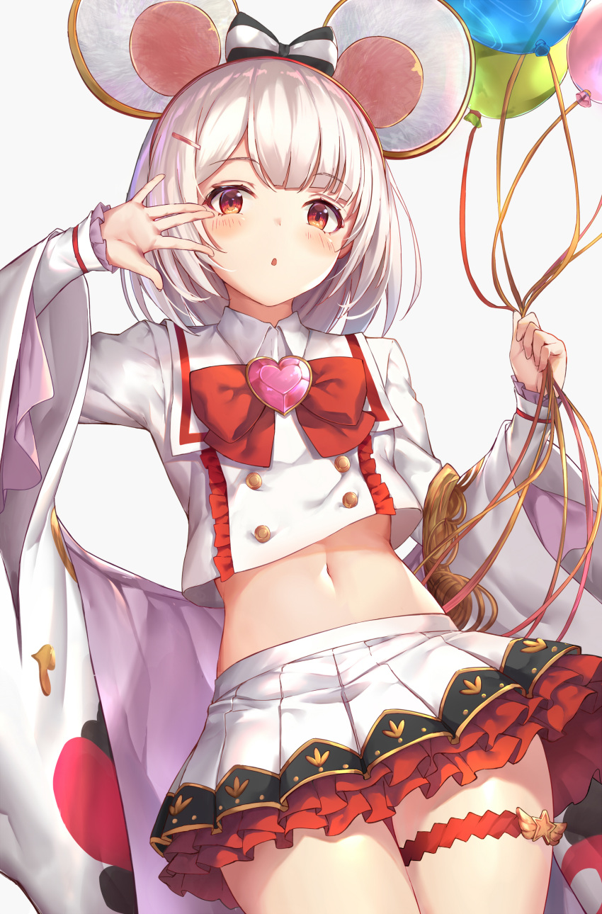 1girl :o absurdres animal_ears arm_up balloon bangs blush bow eyebrows_visible_through_hair fake_animal_ears flat_chest frills granblue_fantasy hair_ornament hairclip heart highres holding holding_balloon isaya_(pixiv4541633) long_sleeves looking_at_viewer mouse_ears navel open_mouth parted_lips red_bow red_eyes ribbon shirt short_hair skirt solo stomach thigh_strap vikala_(granblue_fantasy) white_hair white_shirt white_skirt