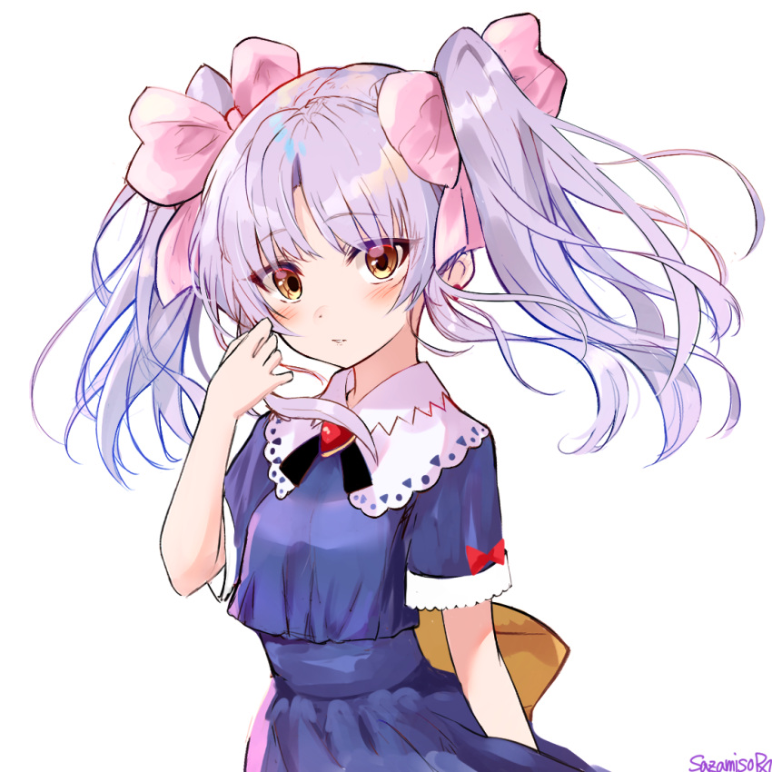 1girl artist_name bangs blue_dress blush bow breasts brown_eyes dress eyebrows_visible_through_hair floating_hair hair_bow head_tilt hoshino_ruri kidou_senkan_nadesico looking_at_viewer parted_bangs parted_lips pink_bow red_bow sazamiso_rx silver_hair small_breasts solo twintails white_background