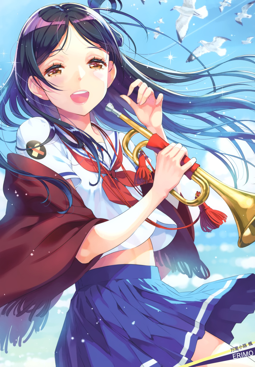 1girl :d absurdres artist_name bangs bird black_hair blue_skirt blue_sky character_name collarbone collared_shirt condensation_trail cowboy_shot day floating_hair half-closed_eyes high_school_fleet highres holding holding_instrument instrument long_hair looking_at_viewer marikouji_kaede midriff miniskirt neckerchief nishimura_eri official_art open_mouth outdoors parted_bangs pleated_skirt red_neckwear sailor_collar sailor_shirt school_uniform serafuku shiny shiny_hair shirt skirt skirt_lift sky smile solo sparkle standing stomach straight_hair trumpet very_long_hair white_sailor_collar white_shirt yellow_eyes yokosuka_girls_marine_high_school_uniform