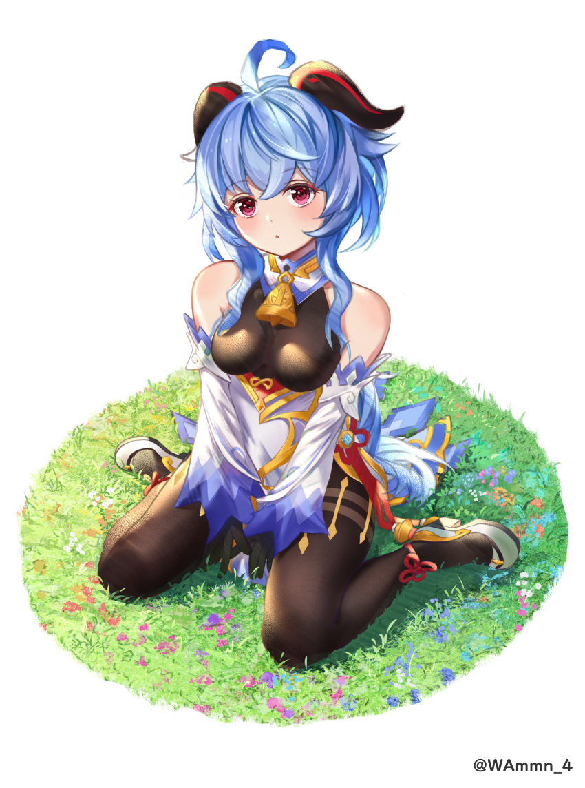 1girl :o absurdres ahoge bangs bare_shoulders black_bodysuit black_gloves blue_flower blue_hair bodysuit commentary_request curled_horns detached_sleeves eyebrows_visible_through_hair flower ganyu_(genshin_impact) genshin_impact gloves hair_between_eyes highres horns long_hair long_sleeves on_grass parted_lips pink_flower purple_flower red_eyes shoes sitting sleeves_past_wrists solo twitter_username very_long_hair wang_man wariza white_background white_flower white_footwear white_sleeves wide_sleeves
