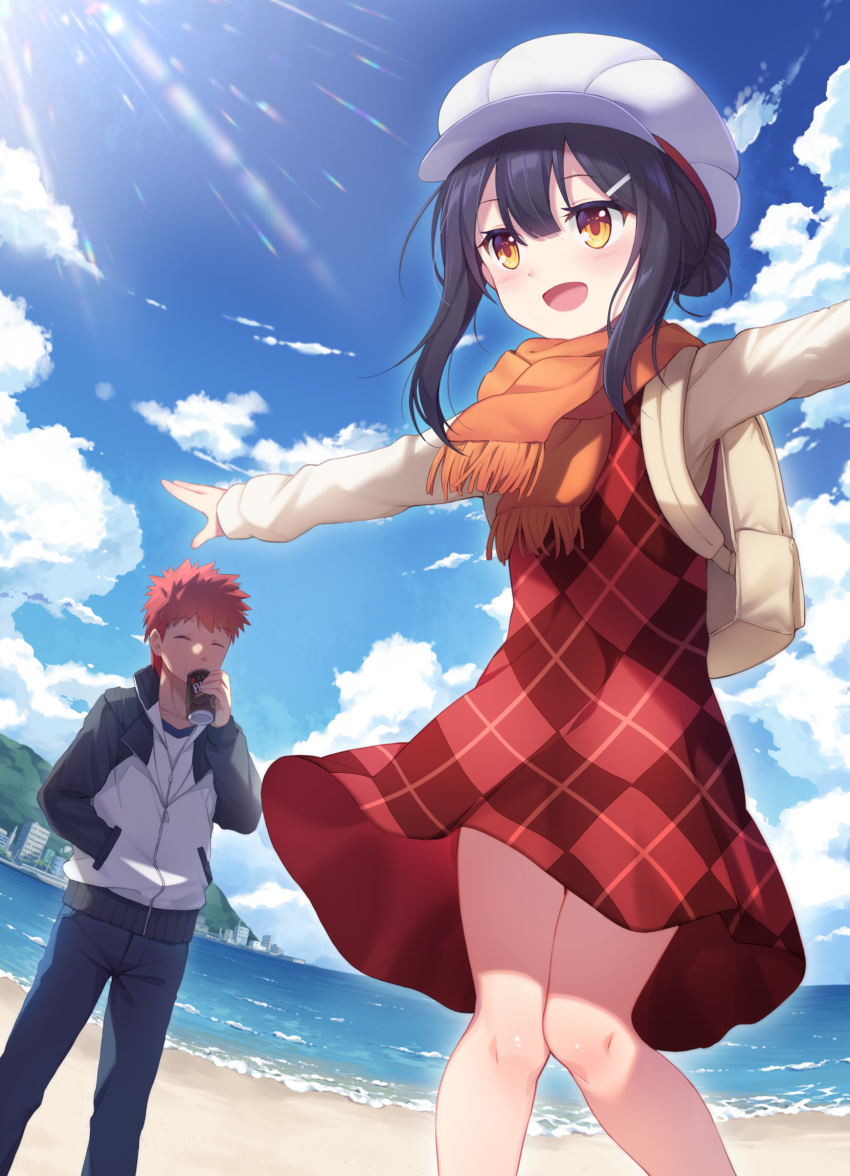 1boy 1girl :d alternate_costume backpack bag bangs beach black_hair blue_sky blush brown_eyes brown_scarf can closed_eyes clouds cloudy_sky commentary_request day dress emiya_shirou fate/kaleid_liner_prisma_illya fate_(series) hair_bun hair_ornament hairclip hat highres holding holding_can horizon long_sleeves miyu_edelfelt ocean open_mouth outdoors outstretched_arms pants plaid plaid_dress red_dress redhead sand scarf shirt sidelocks sky sleeveless sleeveless_dress smile spread_arms taro_(ultrataro) white_headwear white_shirt yellow_eyes