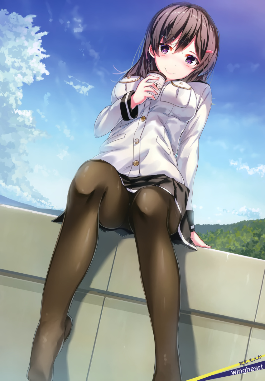 1girl absurdres artist_name bangs black_skirt blue_sky blush breasts brown_hair brown_legwear can character_name china_moeka closed_mouth clouds day from_below hair_between_eyes hair_ornament hairclip high_school_fleet highres holding holding_can jacket long_hair long_sleeves looking_at_viewer medium_breasts military military_uniform miniskirt official_art outdoors panties pantyshot pleated_skirt shiny shiny_hair sitting skirt sky smile solo underwear uniform violet_eyes white_jacket wingheart