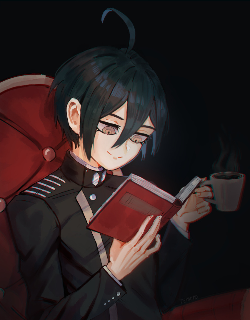 1boy absurdres ahoge armchair bangs black_background black_hair black_jacket book brown_eyes chair closed_mouth commentary cup dangan_ronpa_(series) dangan_ronpa_v3:_killing_harmony hair_between_eyes hands_up highres holding holding_book jacket long_sleeves looking_down male_focus open_book reading remonoart saihara_shuuichi short_hair simple_background sitting smile solo upper_body