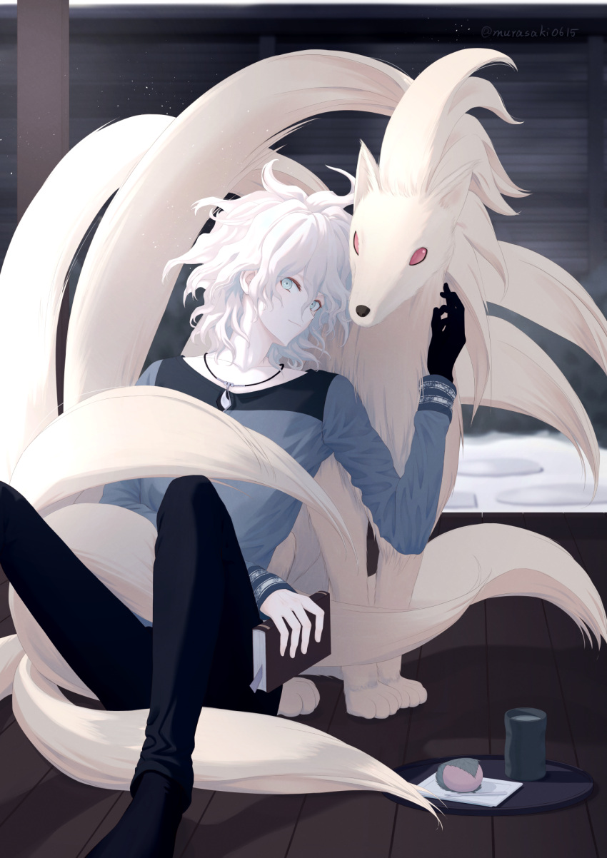 1boy bangs black_pants blue_eyes collarbone commentary_request dangan_ronpa_(series) dangan_ronpa_2:_goodbye_despair food gen_1_pokemon gloves grey_eyes grey_hair grey_sweater hair_between_eyes highres jacket jewelry knees_up komaeda_nagito leaning_back leaning_on_person long_hair long_sleeves male_focus messy_hair necklace ninetales pants pokemon pokemon_(creature) sitting snow sweater tray white_hair zi_(murasaki0615)