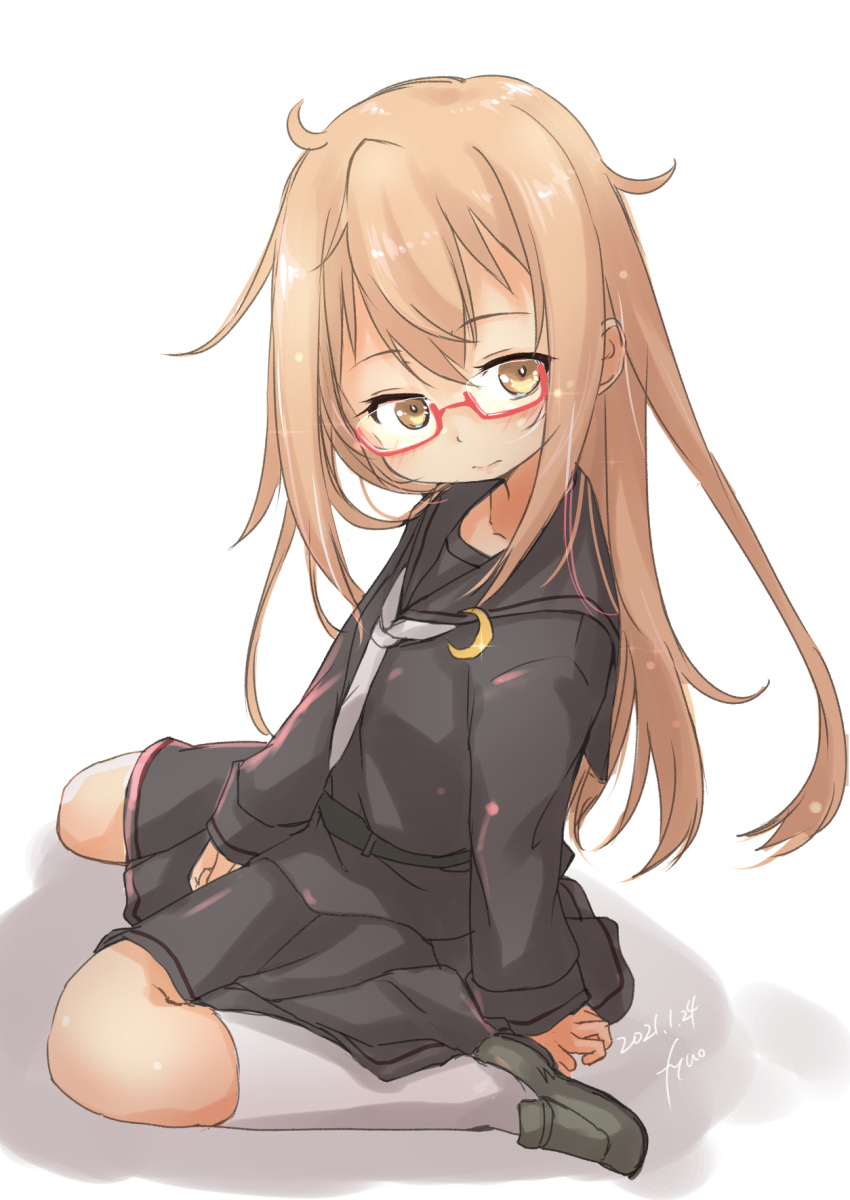 1girl artist_name black_footwear black_serafuku brown_hair crescent crescent_pin dated fyuo glasses highres kantai_collection kneehighs loafers long_hair looking_at_viewer mochizuki_(kantai_collection) necktie red-framed_eyewear school_uniform serafuku shadow shoes simple_background sitting solo wariza white_background white_legwear white_neckwear