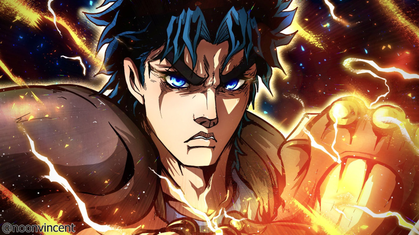 1boy angry aura black_hair blue_eyes blue_hair blue_shirt determined electricity fingerless_gloves gloves hamon highres jojo_no_kimyou_na_bouken jonathan_joestar lightning male_focus noonvincent phantom_blood serious shirt shoulder_pads solo triumph_(expression)