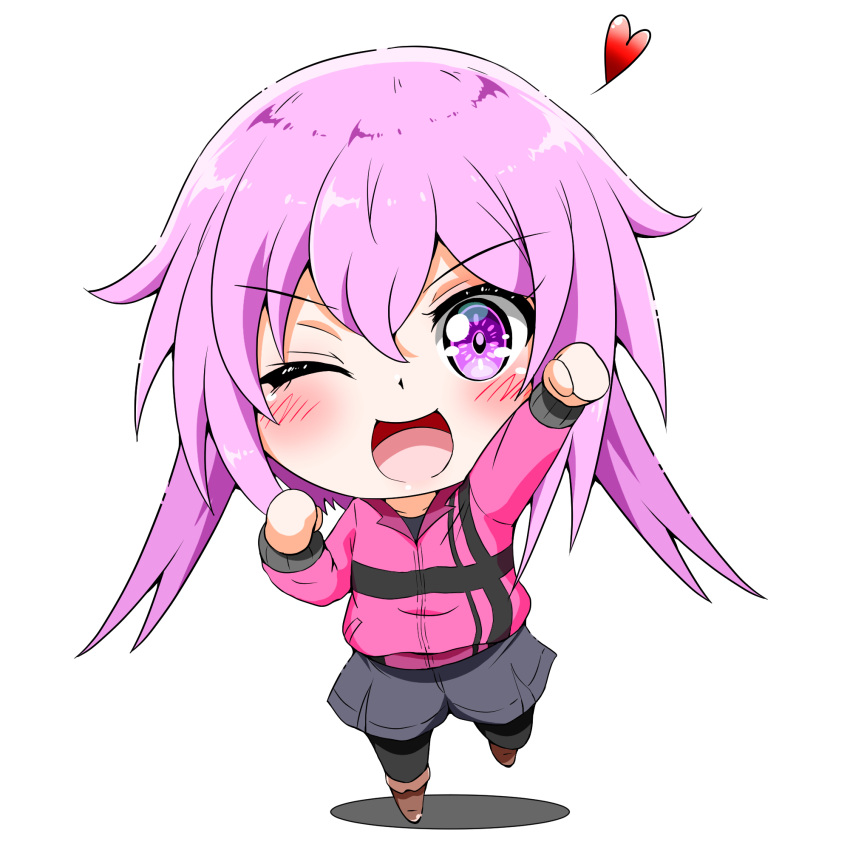 1girl ;d alice_gear_aegis arm_up bangs blush chibi eggman_(pixiv28975023) eyebrows_visible_through_hair hair_between_eyes heart highres hirasaka_yotsuyu jacket long_hair long_sleeves looking_at_viewer one_eye_closed open_mouth pink_hair shadow simple_background skirt smile solo violet_eyes white_background