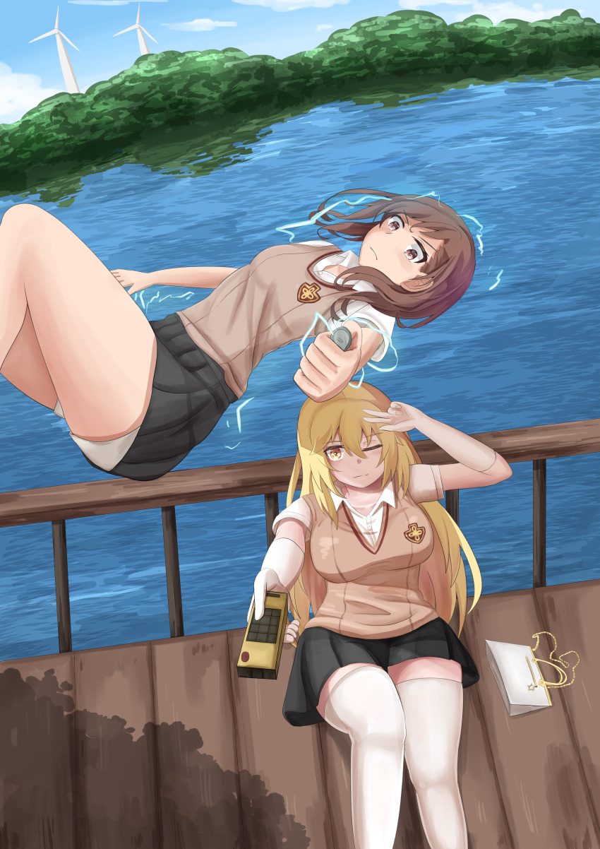 2girls absurdres blonde_hair blue_sky blush breasts brown_hair clouds coin collared_shirt controller dutch_angle elbow_gloves flying gloves hair_between_eyes highres horizon large_breasts long_hair looking_at_viewer medium_hair midair misaka_mikoto multiple_girls ocean one_eye_closed painterly pursed_lips reflection remote_control school_uniform shirt shokuhou_misaki shorts shorts_under_skirt sky sparks thighs to_aru_kagaku_no_railgun to_aru_majutsu_no_index tokiwadai_school_uniform v water wind_turbine zelrari