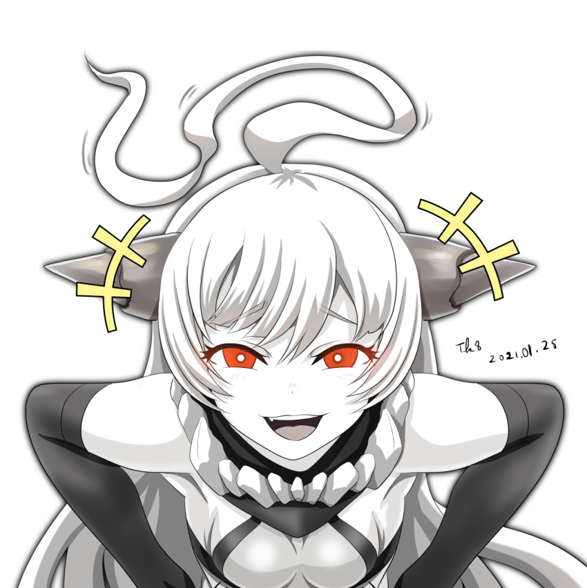 +++ 1girl abyssal_ship ahoge artist_name blush breasts colored_skin dated eyebrows_visible_through_hair fang highres horns kantai_collection long_hair new_battleship_princess open_mouth orange_eyes signature simple_background small_breasts smug solo tk8d32 upper_body white_background white_hair white_skin