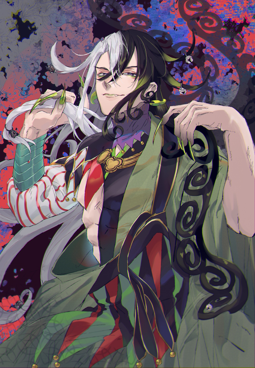 1boy abs absurdres ashiya_douman_(fate) asymmetrical_clothes asymmetrical_hair bell black_eyes black_hair cowboy_shot curly_hair earrings fate/grand_order fate_(series) fingernails green_eyeshadow green_kimono green_lipstick green_nails hair_bell hair_between_eyes hair_grab hair_intakes hair_ornament highres japanese_clothes jewelry kimono lailu lipstick long_hair magatama magatama_earrings makeup male_focus multicolored_hair open_clothes open_kimono ribbed_sleeves sharp_fingernails solo toned toned_male two-tone_hair very_long_fingernails very_long_hair white_hair