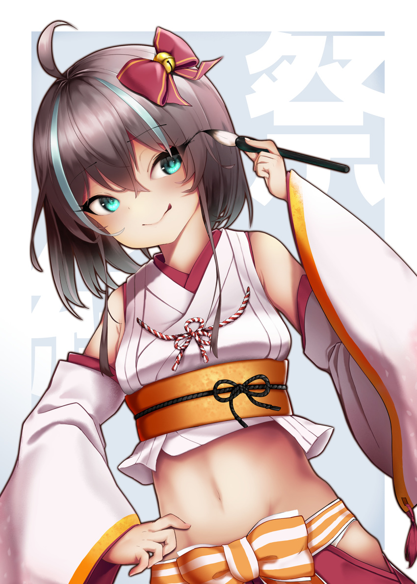 1girl :p ahoge bangs bare_shoulders bell brown_hair closed_mouth commentary_request cowboy_shot crop_top detached_sleeves eyebrows_visible_through_hair flat_chest fourth_wall green_eyes green_hair groin hair_between_eyes hair_ornament hair_ribbon highres holding holding_paintbrush hololive japanese_clothes kimono long_hair looking_to_the_side midriff multicolored_hair murako_(murakumoko) natsuiro_matsuri navel obi paintbrush panties panty_peek red_ribbon red_skirt ribbon sash side_ponytail sidelocks skirt sleeveless sleeveless_kimono smile solo standing streaked_hair tongue tongue_out underwear virtual_youtuber white_kimono white_sleeves