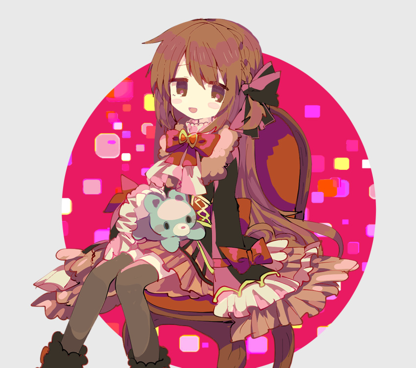 1girl :d bow brown_eyes brown_hair chair dress eyebrows_visible_through_hair frilled_dress frilled_sleeves frills hair_ribbon long_sleeves magia_record:_mahou_shoujo_madoka_magica_gaiden mahou_shoujo_madoka_magica momomotsu open_mouth red_bow red_ribbon ribbon satomi_touka sitting sleeves_past_fingers sleeves_past_wrists smile socks solo stuffed_animal stuffed_toy teddy_bear thigh-highs