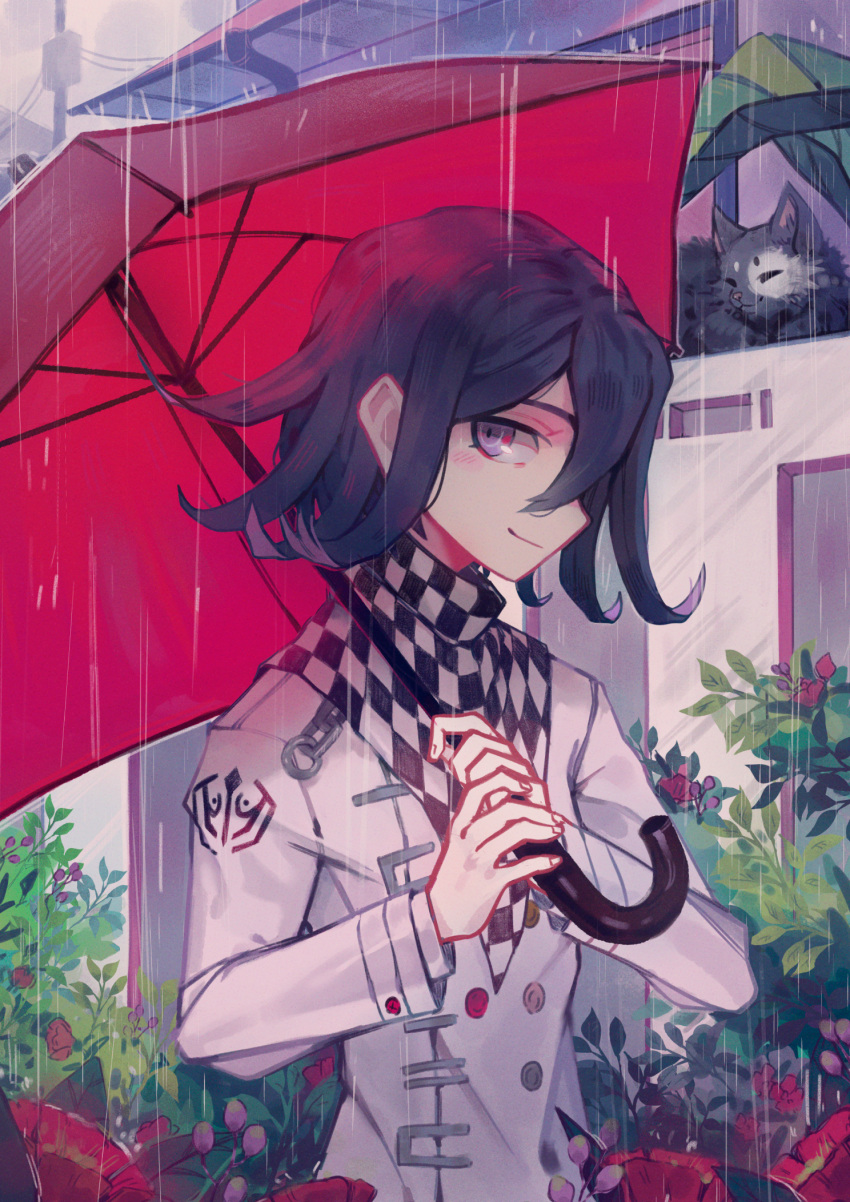 1boy bangs black_hair cat checkered checkered_scarf closed_mouth commentary_request dangan_ronpa_(series) dangan_ronpa_v3:_killing_harmony double-breasted flower hair_between_eyes highres holding jacket long_sleeves looking_at_viewer male_focus ouma_kokichi outdoors plant profile rain red_umbrella remonoart scarf short_hair smile solo straitjacket umbrella upper_body violet_eyes white_jacket