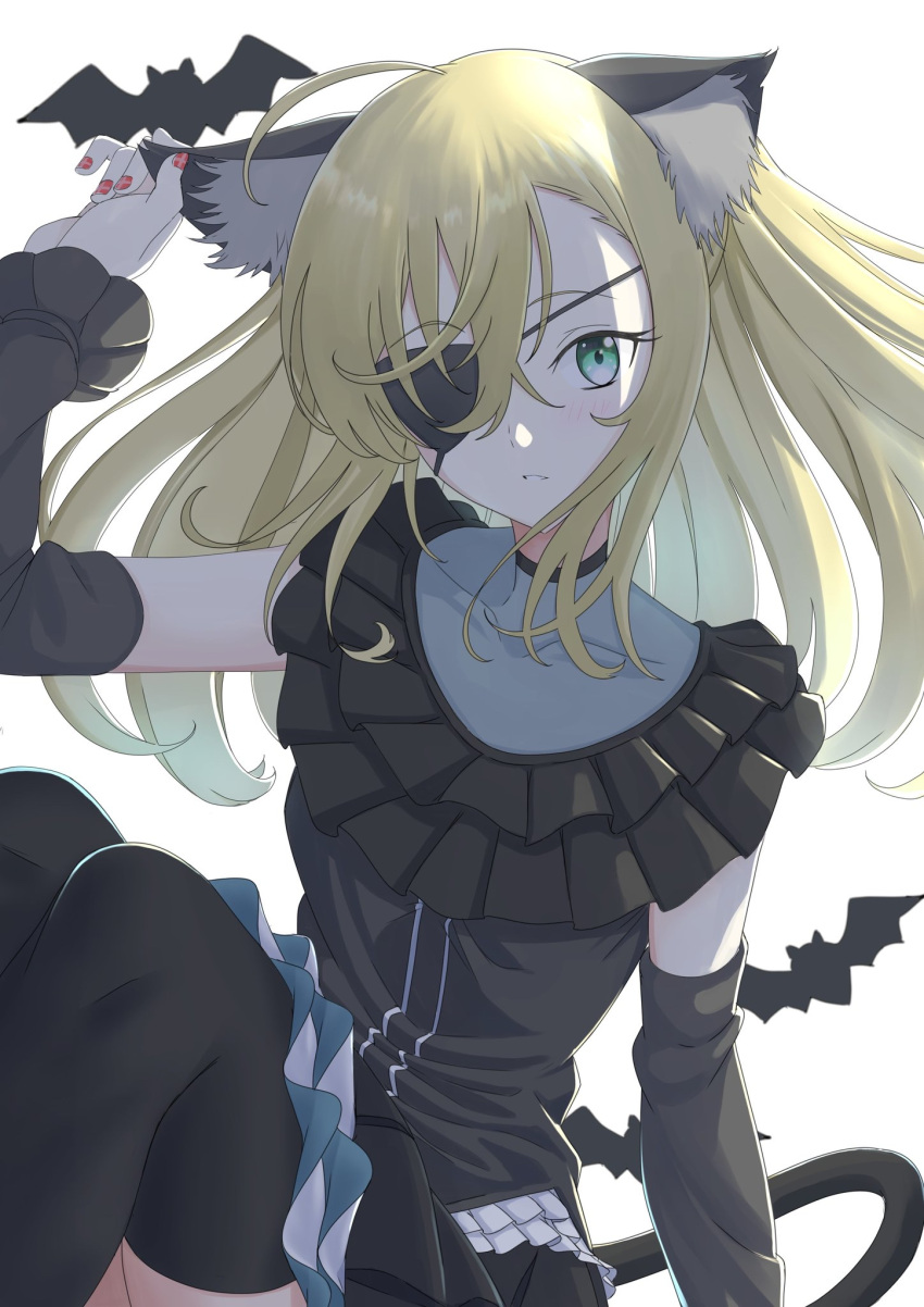 1girl ahoge animal_ear_fluff animal_ears arm_support bat_background black_legwear blonde_hair cat_ears cat_tail detached_sleeves dutch_angle eyepatch green_eyes hair_between_eyes halloween highres long_hair looking_at_viewer othinus paradox solo tail thigh-highs to_aru_majutsu_no_index to_aru_majutsu_no_index:_new_testament white_background