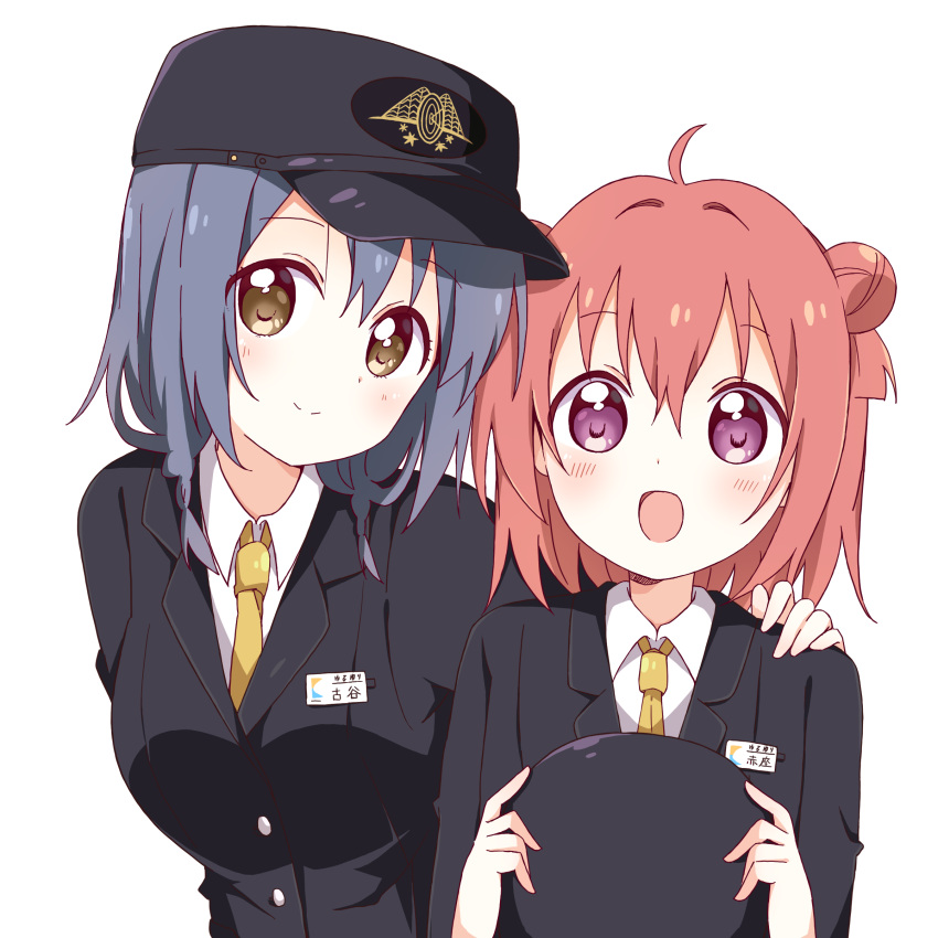 2girls :d absurdres ahoge akaza_akari alternate_costume arm_behind_back bangs black_headwear black_jacket black_suit blue_hair blush braid breasts brown_eyes buttons closed_mouth collared_shirt commentary_request disconnected_mouth double_bun eyebrows_visible_through_hair furutani_himawari hair_between_eyes hand_on_another's_shoulder happy hat hat_removed headwear_removed highres holding holding_clothes holding_hat jacket large_breasts looking_at_viewer medium_hair mesushio multiple_girls name_tag necktie open_mouth peaked_cap redhead shadow shirt side-by-side simple_background smile train_attendant twin_braids upper_body violet_eyes white_background white_shirt yellow_neckwear yuru_yuri