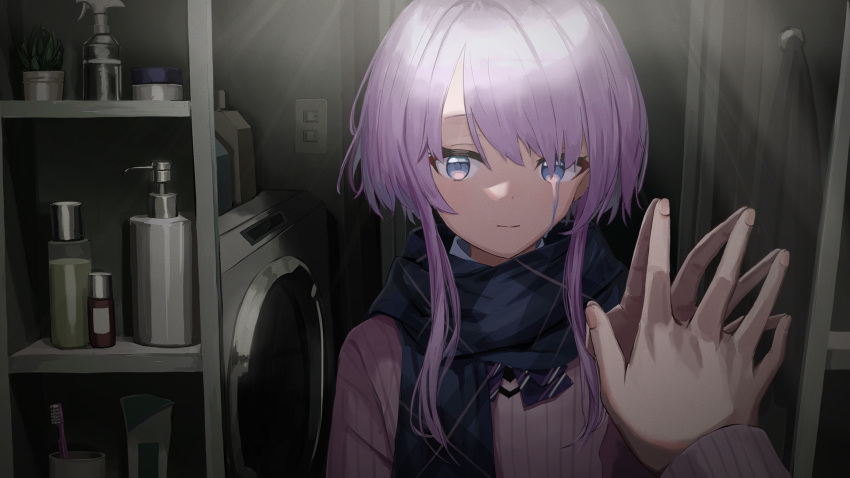 1girl bangs blue_eyes blue_scarf bottle closed_mouth highres indoors long_sleeves nadegata original pink_sweater plant potted_plant purple_hair reflection scarf shelf short_hair_with_long_locks solo spray_bottle sweater tears toothbrush upper_body utaite_(singer) washing_machine
