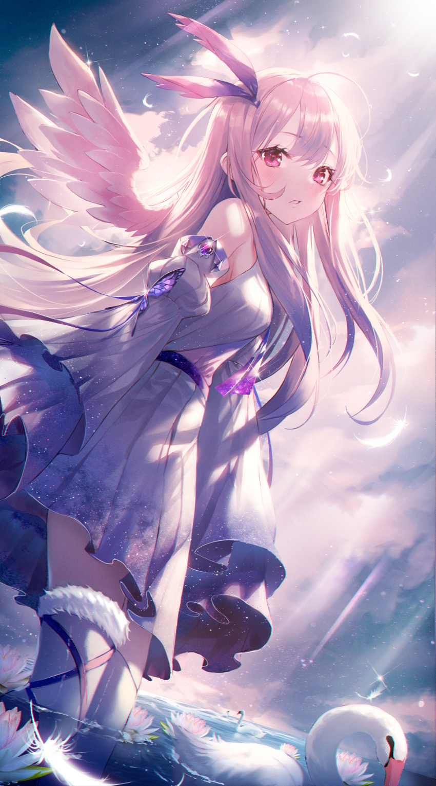 1girl absurdres angel angel_wings animal bird clouds detached_sleeves dress feathers hair_feathers highres long_hair looking_at_viewer okazu_(eightstudio) original pink_eyes sky sleeves_past_fingers sleeves_past_wrists solo standing swan thigh-highs water white_dress white_hair white_legwear white_wings wings