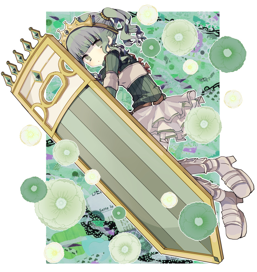 1girl armor armored_boots belt boots breastplate crown eyebrows_visible_through_hair flower futaba_sana green_eyes green_flower green_hair green_sweater green_theme highres magia_record:_mahou_shoujo_madoka_magica_gaiden magical_girl mahou_shoujo_madoka_magica momomotsu shield short_twintails skirt solo sweater tearing_up turtleneck turtleneck_sweater twintails