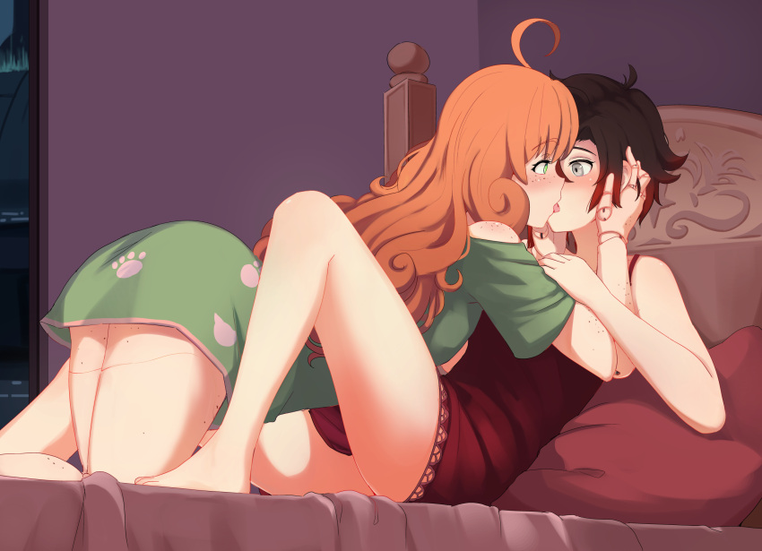 2girls ahoge ass between_legs black_hair blush doll_joints eye_contact freckles french_kiss hair_between_eyes hands_on_another's_face highres hiwonoafu joints kiss long_hair looking_at_another multicolored_hair multiple_girls orange_hair pajamas penny_polendina redhead ruby_rose rwby streaked_hair thighs yuri
