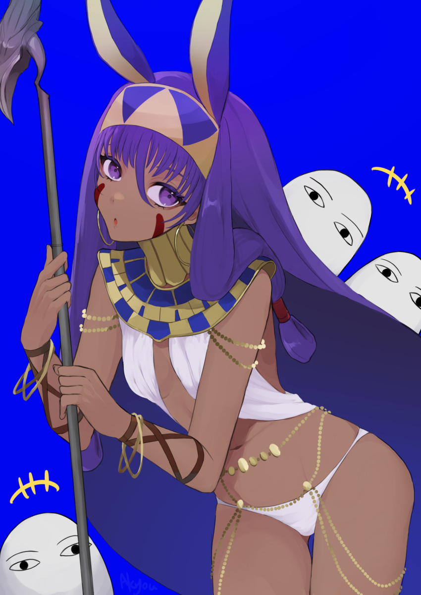 1girl akycoo animal_ears bangs belly_chain blue_background bracelet breasts dark_skin dark-skinned_female earrings facepaint facial_mark fate/grand_order fate_(series) hairband halter_top halterneck highres hoop_earrings jackal_ears jewelry long_hair looking_at_viewer low-tied_long_hair medjed navel nitocris_(fate/grand_order) purple_hair sidelocks small_breasts staff thighs usekh_collar very_long_hair violet_eyes