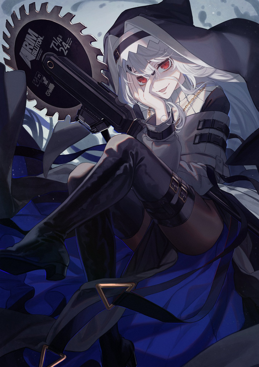 1girl :d arknights arm_up black_dress black_footwear boots breasts chain_necklace circular_saw commentary_request dress habit hand_on_own_cheek hand_on_own_face highres holding holding_weapon jewelry ji_mag_(artist) long_hair long_sleeves looking_at_viewer necklace nun open_mouth red_eyes silver_hair small_breasts smile solo specter_(arknights) thigh-highs thigh_boots thigh_strap thighs very_long_hair weapon