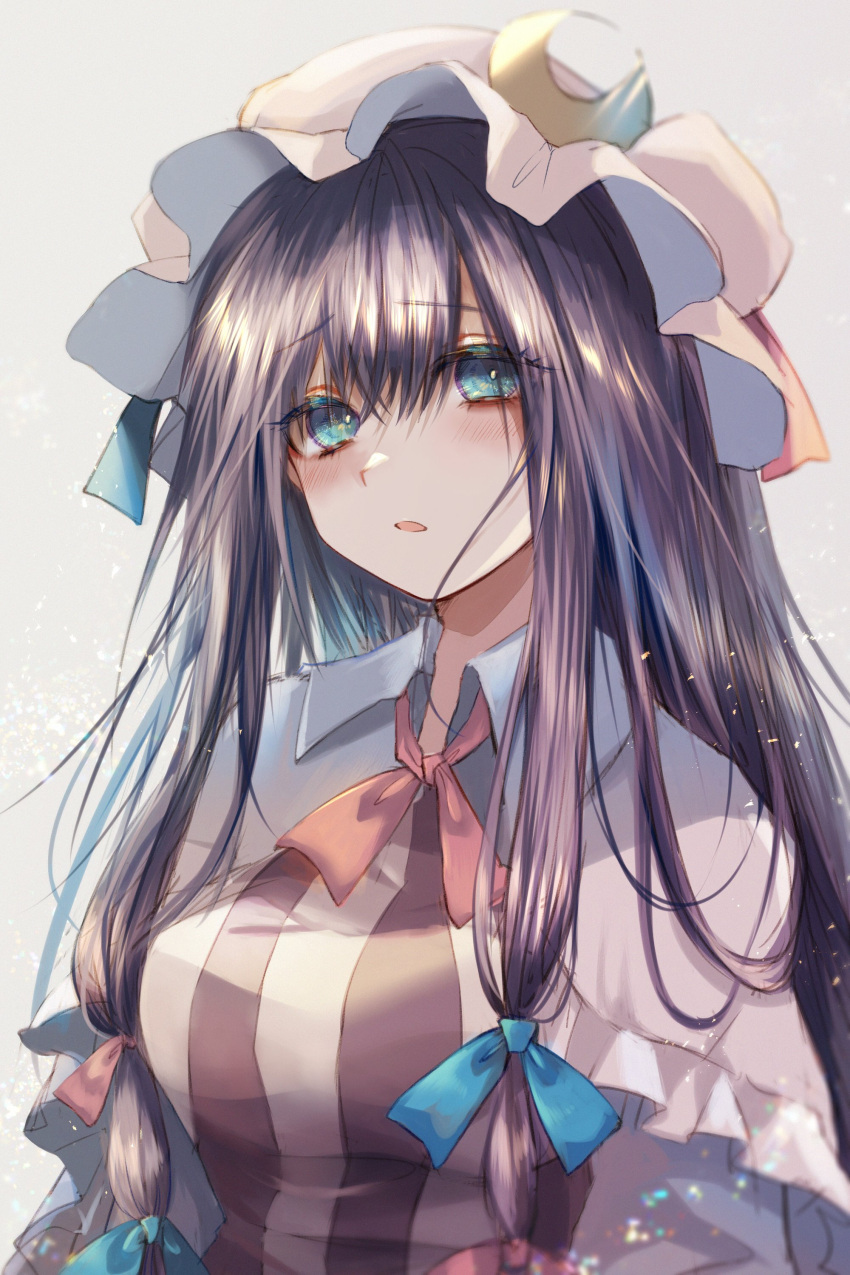 1girl absurdres bangs blue_eyes blue_ribbon blurry blush breasts bright_pupils capelet chromatic_aberration commentary crescent_hat_ornament dress eyebrows_visible_through_hair frilled_capelet frills furrowed_eyebrows grey_background hair_between_eyes hair_ribbon hat hat_ribbon highres large_breasts light_particles long_hair looking_at_viewer maho_moco mob_cap parted_lips patchouli_knowledge purple_hair red_neckwear red_ribbon ribbon sidelocks simple_background solo striped striped_dress touhou upper_body vertical-striped_dress vertical_stripes white_background wing_collar