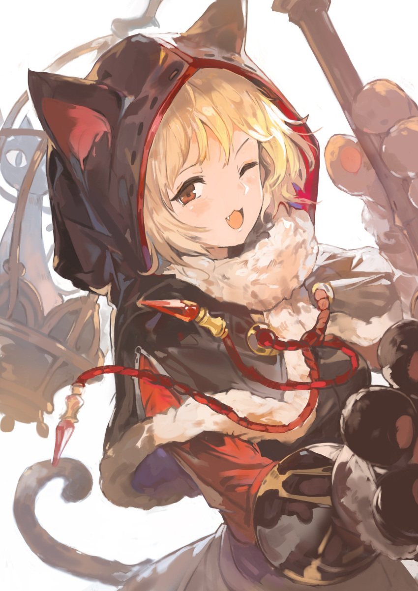 1girl :3 alchemaniac animal_hood black_capelet blonde_hair brown_eyes capelet cat_hood cat_tail djeeta_(granblue_fantasy) gloves granblue_fantasy highres holding hood hood_up hooded_capelet kuronekodoushi looking_at_viewer one_eye_closed paw_gloves paws short_hair smile solo tail