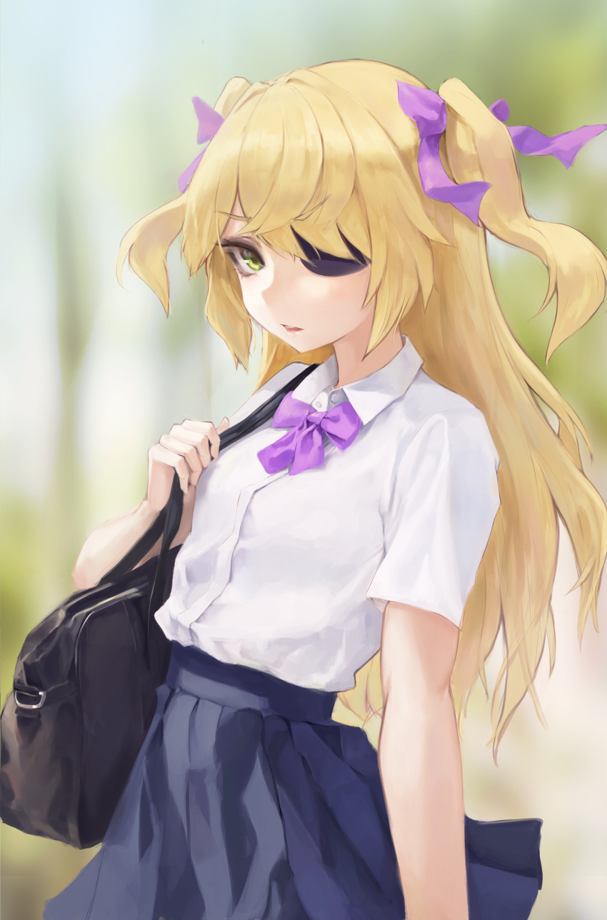 1girl alternate_costume bag blonde_hair blue_skirt blurry blurry_background collared_shirt commentary_request day depth_of_field eyebrows_visible_through_hair eyepatch fischl_(genshin_impact) genshin_impact green_eyes hair_ribbon highres hiki_niito holding holding_bag long_hair looking_at_viewer neck_ribbon outdoors parted_lips purple_ribbon ribbon school_bag school_uniform shirt shirt_tucked_in short_sleeves skirt solo two_side_up white_shirt