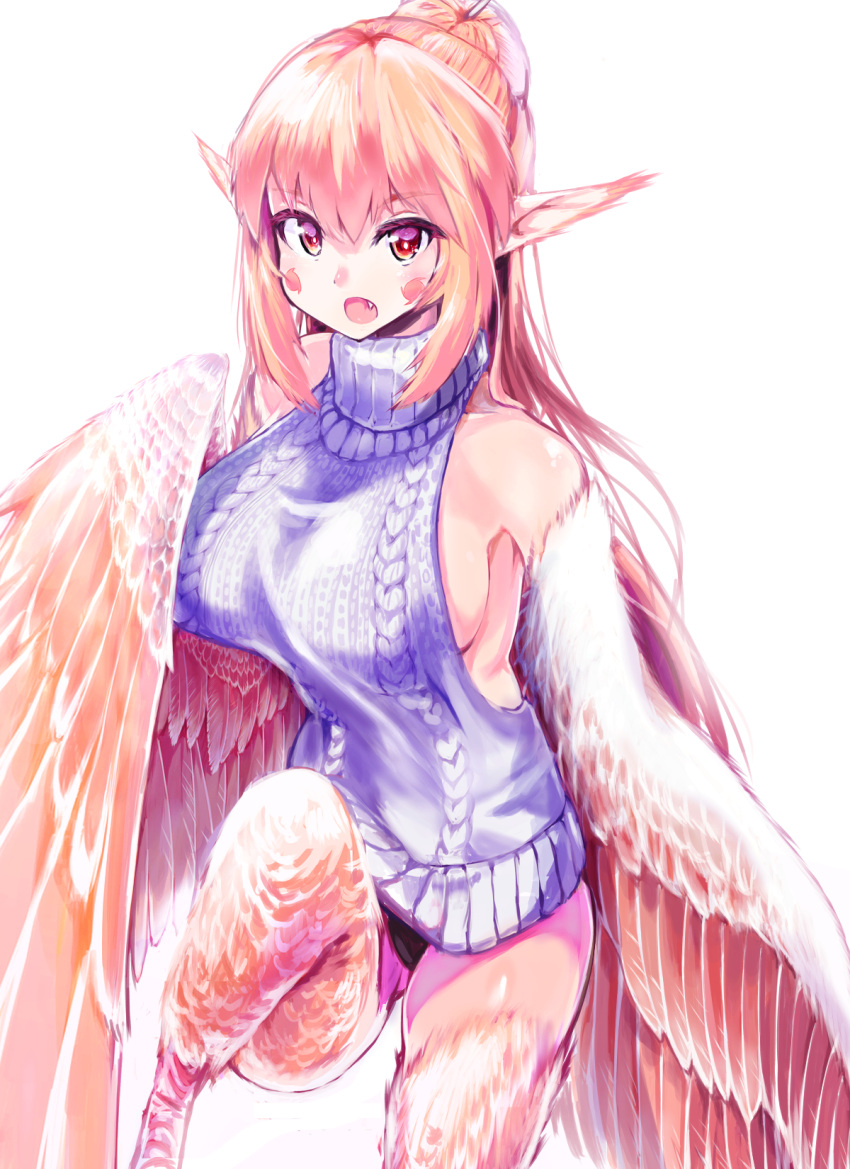 1girl black_panties blonde_hair commentary_request eyebrows_visible_through_hair facial_mark fang feathered_wings feathers hair_bun harpy highres kawasumi_(tk2k_jade) long_hair meme_attire monster_girl open_mouth original panties pink_feathers pointy_ears red_eyes solo underwear virgin_killer_sweater winged_arms wings