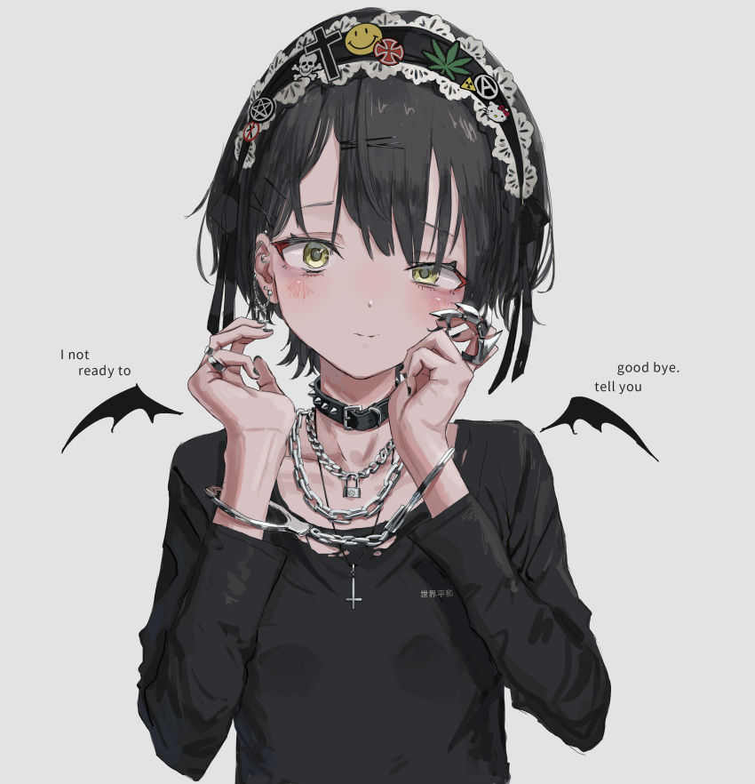 1girl absurdres bangs black_nails black_shirt blush chain chain_necklace claw_ring closed_mouth clothes_writing collar cross cross_necklace cuffs ear_piercing english_text engrish_text grey_background hair_between_eyes hair_ornament hairclip handcuffs highres jewelry long_sleeves maid_headdress multiple_rings nadegata nail_polish necklace original piercing ranguage ring shirt simple_background solo spiked_collar spikes upper_body wings yellow_eyes