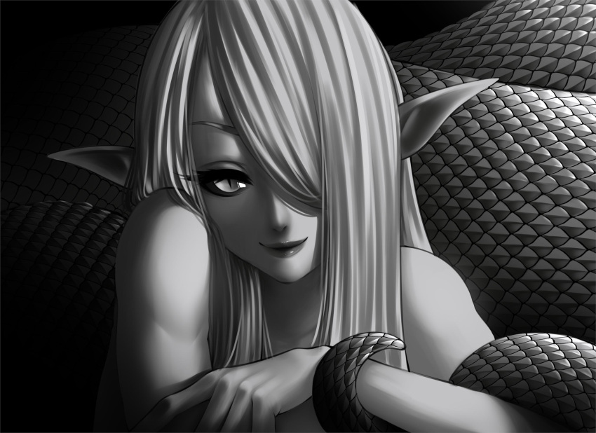 1girl apophis_(monster_girl_encyclopedia) black_sclera closed_mouth colored_sclera completely_nude greyscale hair_over_one_eye highres lamia loen-lapae looking_at_viewer monochrome monster_girl monster_girl_encyclopedia nude one_eye_covered pointy_ears slit_pupils smile solo