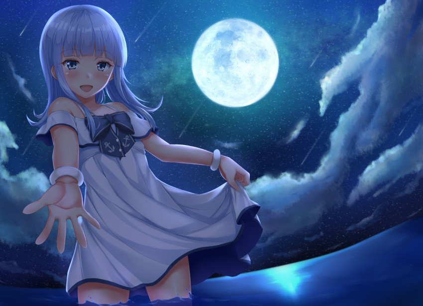 1girl anchor_symbol blue_hair bow bracelet clouds cloudy_sky collarbone comet cosplay cowboy_shot dress eyebrows_visible_through_hair full_moon hatsukaze_(kantai_collection) hime_cut jewelry kantai_collection lips long_hair looking_at_viewer moon night night_sky ocean open_mouth outdoors partially_submerged piyobomu sky star_(sky) starry_sky sundress water white_dress yukikaze_(kantai_collection) yukikaze_(kantai_collection)_(cosplay)