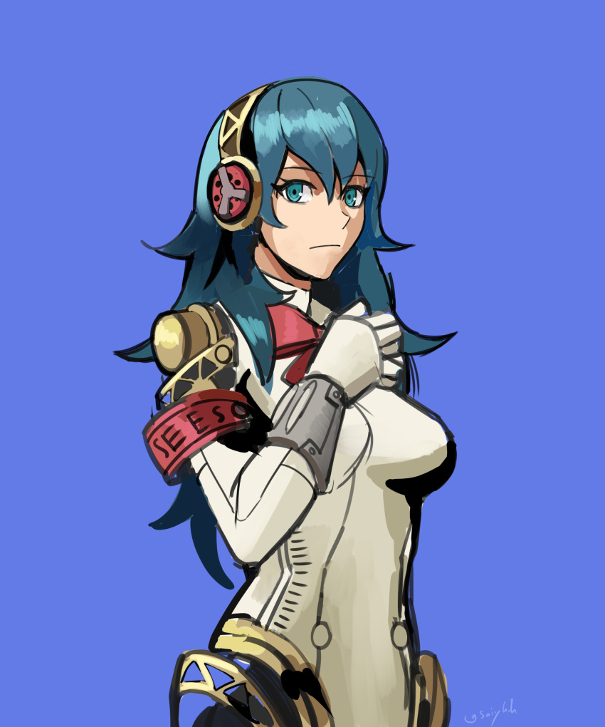 1girl absurdres aegis_(persona) aegis_(persona)_(cosplay) blue_background blue_eyes blue_hair bow byleth_(fire_emblem) byleth_eisner_(female) cosplay english_commentary fire_emblem fire_emblem:_three_houses headphones highres long_hair persona persona_3 saiykik simple_background upper_body