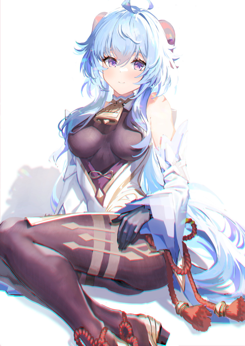 1girl absurdres ahoge bangs bare_shoulders bell black_gloves blue_hair blush breasts brown_bodysuit detached_sleeves dress elbow_gloves ganyu_(genshin_impact) genshin_impact gloves highres horns large_breasts long_hair looking_at_viewer smile thighs violet_eyes white_dress xkirara39x