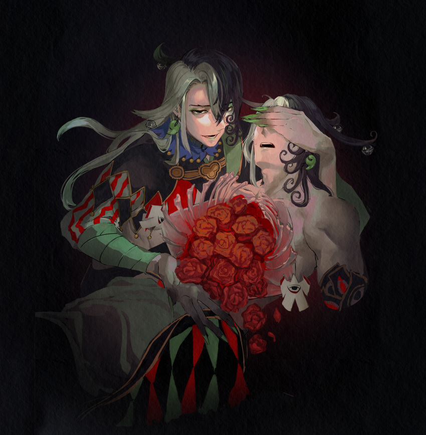 2boys ashiya_douman_(fate) asymmetrical_clothes asymmetrical_hair bell black_eyes black_hair blood bouquet clone covering_another's_eyes curly_hair dark_persona earrings evil_smile fate/grand_order fate_(series) fingernails flower fuyuhi_tsukika green_eyeshadow green_kimono green_lipstick green_nails hair_bell hair_between_eyes hair_intakes hair_ornament highres holding holding_bouquet japanese_clothes jewelry kimono lipstick long_hair magatama magatama_earrings makeup male_focus multicolored_hair multiple_boys open_clothes open_kimono ribbed_sleeves sharp_fingernails shikigami smile two-tone_hair very_long_fingernails very_long_hair white_hair