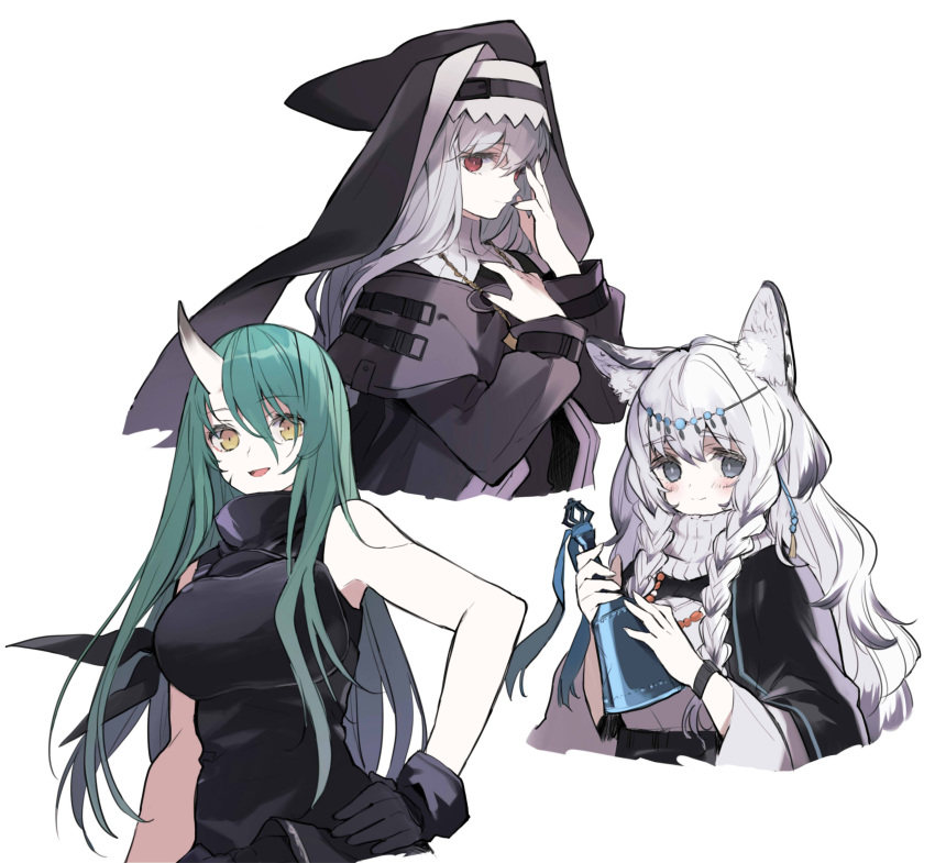 1girl :d absurdres animal_ear_fluff animal_ears arknights armor bell black_cape black_capelet black_cloak black_dress black_shirt braid breastplate breasts cape capelet chain_necklace cloak closed_mouth commentary_request dress eyebrows_visible_through_hair green_hair grey_eyes habit hair_between_eyes hand_on_hip hand_on_own_chest hand_on_own_face head_chain highres holding holding_bell horns hoshiguma_(arknights) itsumi_(itumiyuo) jewelry leopard_ears lips long_hair looking_at_viewer necklace nun oni_horns open_mouth pramanix_(arknights) red_eyes shirt silver_hair simple_background single_horn sleeveless sleeveless_shirt smile specter_(arknights) straight_hair turtleneck turtleneck_dress twin_braids upper_body veil white_background white_dress yellow_eyes