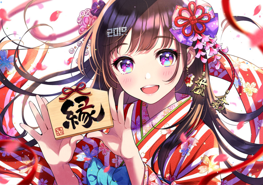 1girl 2019 blush brown_hair calligraphy floral_print flower hair_flower hair_ornament highres holding japanese_clothes kimono long_hair looking_at_viewer morikura_en open_mouth original petals smile solo upper_teeth violet_eyes white_background