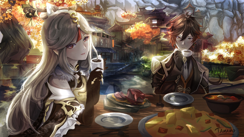 1boy 1girl bangs bare_shoulders black_gloves black_hair breasts brown_hair building china_dress chinese_clothes claw_ring closed_mouth cup dress earrings elbow_gloves food formal fur fur_collar genshin_impact gloves hair_between_eyes hair_ornament hairpin highres holding holding_cup jacket jewelry leaf long_hair long_sleeves looking_at_viewer meat multicolored_hair ningguang_(genshin_impact) parted_bangs plate ponytail red_eyes sidelocks silver_hair single_earring smile suit t@m@m0 tassel tassel_earrings tree very_long_hair white_hair yellow_eyes zhongli_(genshin_impact)
