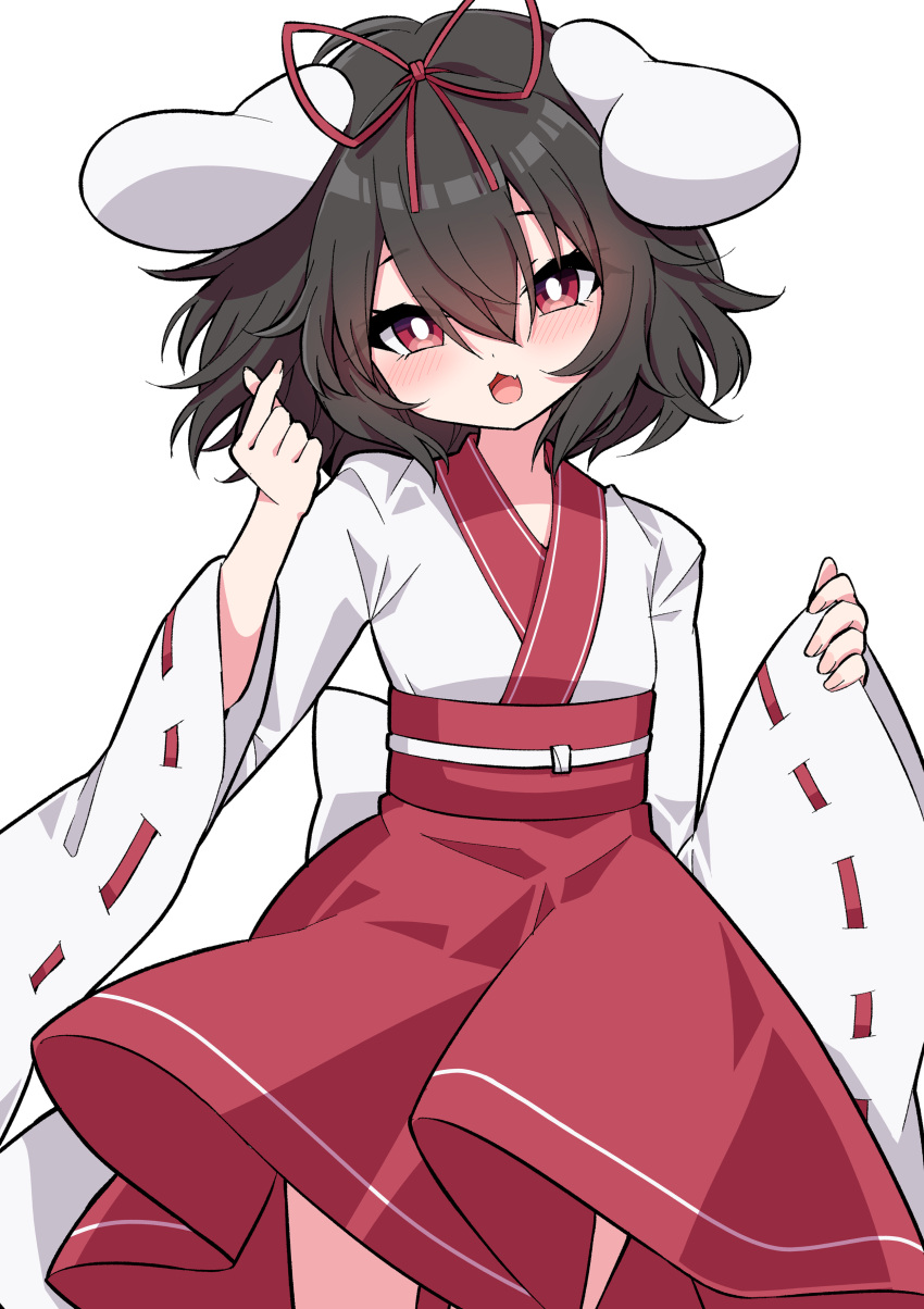 1girl absurdres alternate_costume animal_ears bangs black_hair bright_pupils cowboy_shot eyebrows_visible_through_hair floppy_ears hair_between_eyes hair_ribbon hakama head_tilt highres inaba_tewi index_finger_raised japanese_clothes kimono long_sleeves looking_at_viewer medium_hair miko open_mouth rabbit_ears red_eyes red_hakama red_ribbon red_sash ribbon ribbon-trimmed_sleeves ribbon_trim sash simple_background smile solo standing touhou tsukimirin white_background white_kimono wide_sleeves