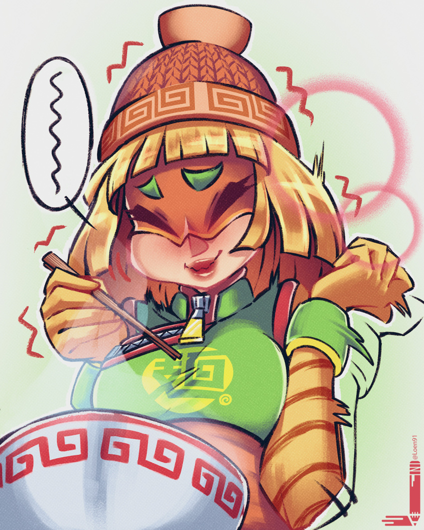 1girl arms_(game) bangs beanie blonde_hair blunt_bangs bowl breasts chopsticks closed_mouth commentary english_commentary eye_mask facing_viewer foodgasm hands_up hat highres holding holding_chopsticks loen-lapae medium_breasts medium_hair min_min_(arms) orange_headwear red_lips smile solo twitter_username upper_body