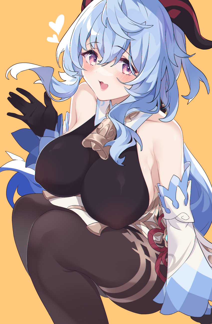 1girl :d alternate_breast_size bare_shoulders bell black_bodysuit blue_hair blush bodysuit bow breasts covered_nipples cowbell detached_sleeves ganyu_(genshin_impact) genshin_impact gloves heart highres large_breasts litsvn long_hair long_sleeves looking_at_viewer open_mouth orange_background sideboob simple_background sitting smile solo