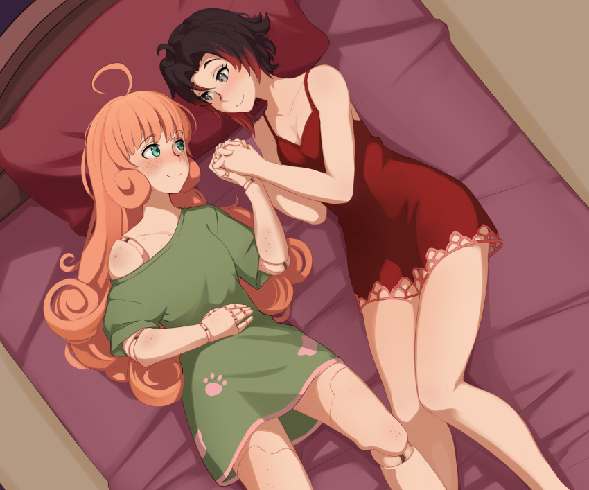 1girl ahoge black_hair blush breasts doll_joints freckles green_eyes grey_eyes hand_on_own_stomach headboard highres hiwonoafu holding_hands joints long_hair medium_breasts multicolored_hair off_shoulder on_bed orange_hair pajamas penny_polendina pillow redhead ruby_rose rwby short_hair smile streaked_hair thighs very_long_hair yuri