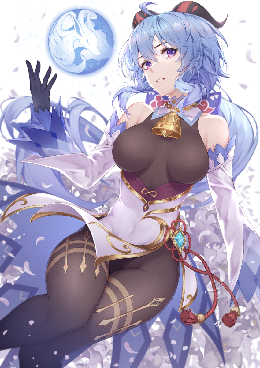 1girl absurdres ahoge bare_shoulders bell black_gloves black_legwear blue_hair bodystocking breasts covered_navel detached_sleeves floating floating_object flower_knot ganyu_(genshin_impact) genshin_impact gloves hand_up highres horns huge_filesize long_hair long_sleeves looking_at_viewer low_ponytail medium_breasts parted_lips petals red_ribbon ribbon scal2let simple_background smile solo sphere tassel very_long_hair violet_eyes white_background